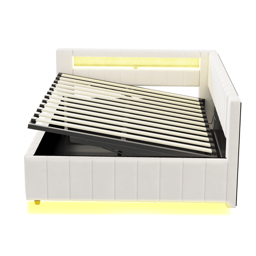 Sofá-cama 140x200 - Com armazenamento hidráulico, luz LED, porta USB, encosto e cabeceira, tecido de veludo bege Sofá-cama 140x200 - Com armazenamento hidráulico, luz LED, porta USB, encosto e cabeceira, tecido de veludo bege