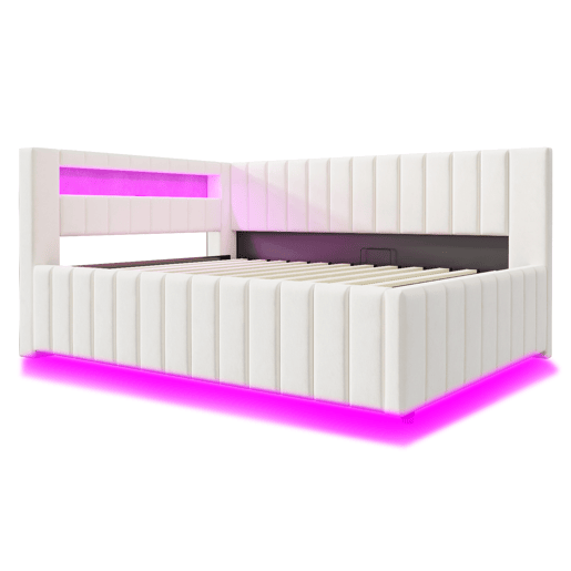 Sofá-cama 140x200 - Com armazenamento hidráulico, luz LED, porta USB, encosto e cabeceira, tecido de veludo bege Sofá-cama 140x200 - Com armazenamento hidráulico, luz LED, porta USB, encosto e cabeceira, tecido de veludo bege