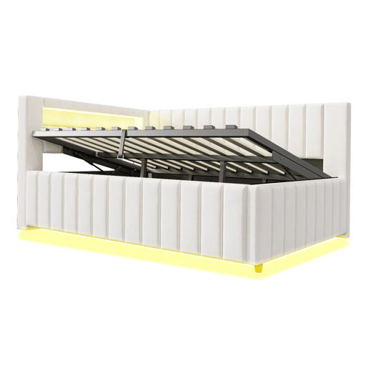 Sofá-cama 140x200 - Com armazenamento hidráulico, luz LED, porta USB, encosto e cabeceira, tecido de veludo bege Sofá-cama 140x200 - Com armazenamento hidráulico, luz LED, porta USB, encosto e cabeceira, tecido de veludo bege