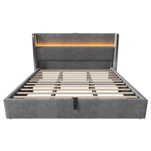 Cama hidráulica 180x200 cm - Com LED, armazenamento e portas USBType-C - Cinza