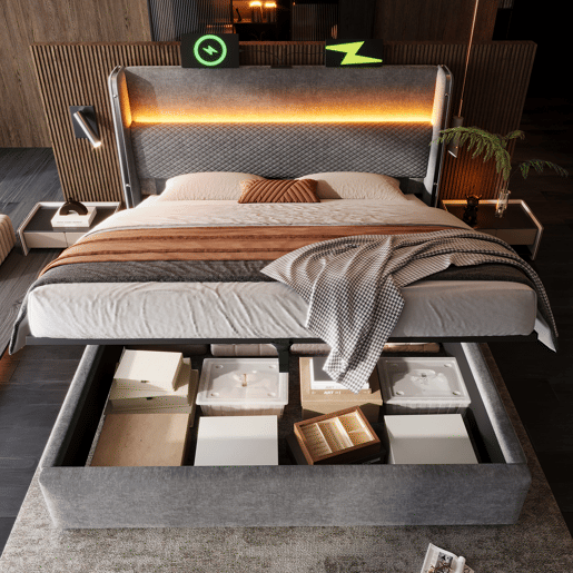 Cama hidráulica 180x200 cm - Com LED, armazenamento e portas USBType-C - Cinza