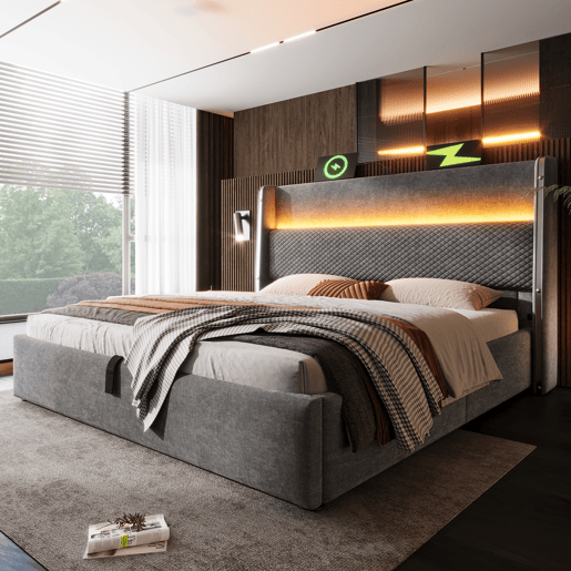 Cama hidráulica 180x200 cm - Com LED, armazenamento e portas USBType-C - Cinza