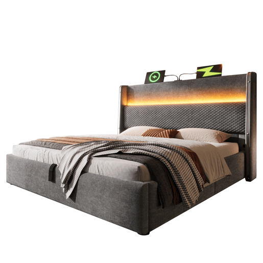 Cama hidráulica 180x200 cm - Com LED, armazenamento e portas USBType-C - Cinza