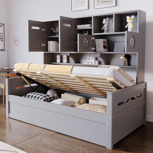 Sofá-cama de madeira 90x200 cm - Multifuncional com arrumação, cama hidráulica, cinzento