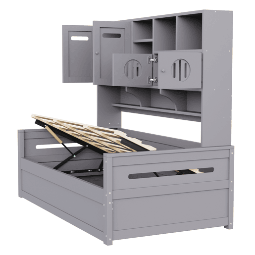 Sofá-cama de madeira 90x200 cm - Multifuncional com arrumação, cama hidráulica, cinzento