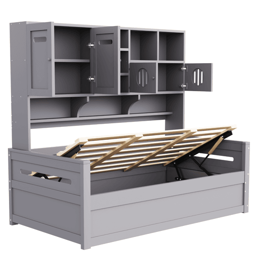 Sofá-cama de madeira 90x200 cm - Multifuncional com arrumação, cama hidráulica, cinzento