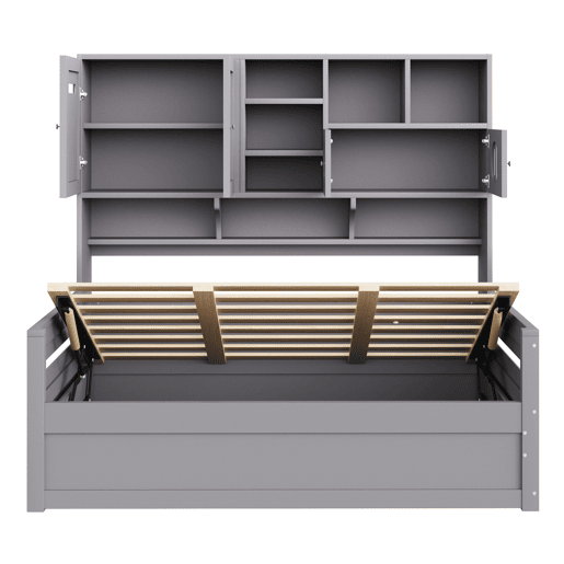 Sofá-cama de madeira 90x200 cm - Multifuncional com arrumação, cama hidráulica, cinzento