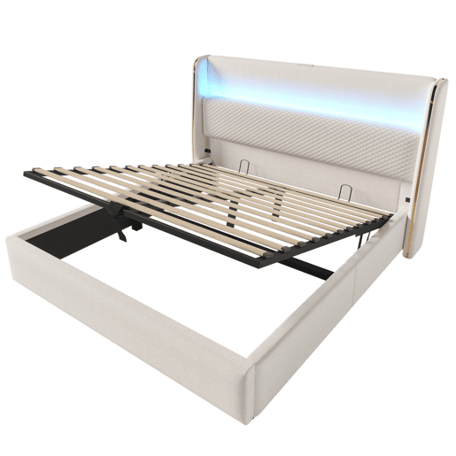 Cama hidráulica 140x200 cm - Cabeceira alta, com LED, armazenamento, portas USBType-C - Bege