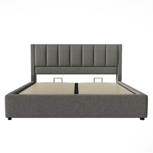 Cama estofada 160x200 cm - Cama de casal com suporte oculto para bebidas e estação de carregamento - Cinza