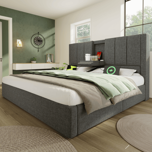 Cama estofada 160x200 cm - Cama de casal com suporte oculto para bebidas e estação de carregamento - Cinza