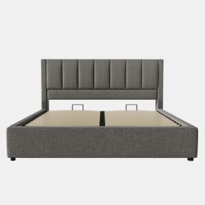 Cama estofada 160x200 cm - Com arrumação, carregador e porta-copos - Cinza