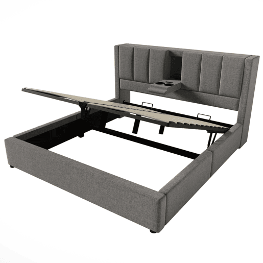 Cama estofada 160x200 cm - Com arrumação, carregador e porta-copos - Cinza