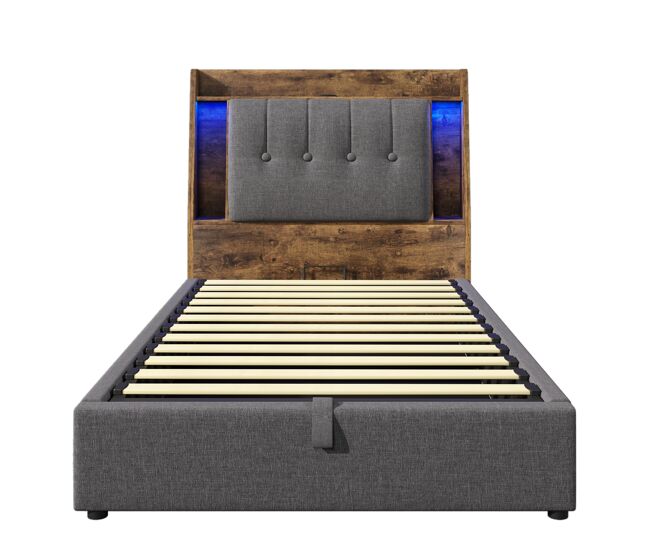 Cama tapizada 90x200 cm - carga usb tipo-c, almacenaje multifuncional, iluminación led, gris