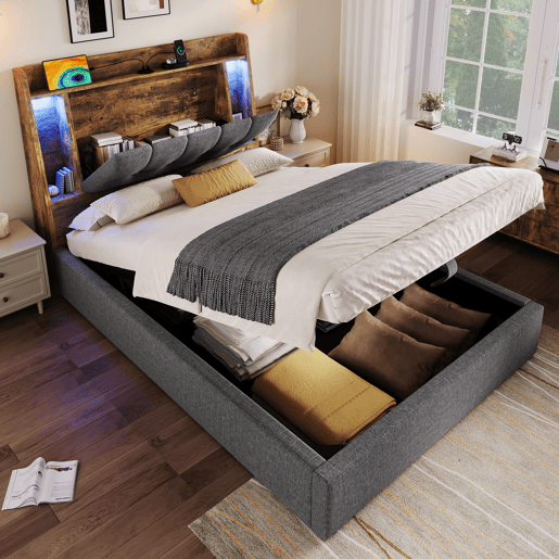 Cama estofada 90x200 cm - Carregamento USB Tipo C, Armazenamento multifuncional, Iluminação LED, Cinza