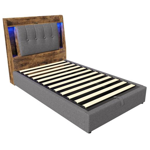 Cama estofada 90x200 cm - Carregamento USB Tipo C, Armazenamento multifuncional, Iluminação LED, Cinza