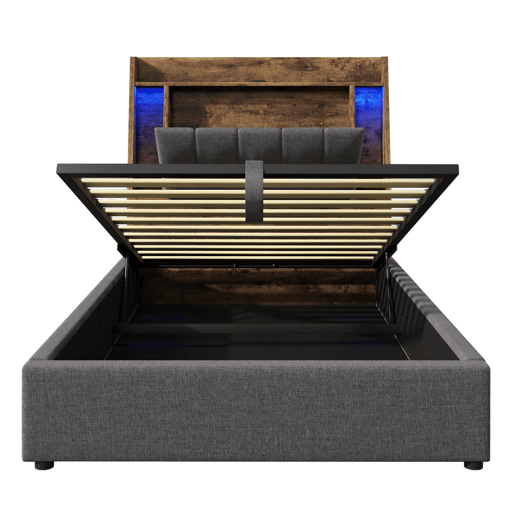 Cama estofada 90x200 cm - Carregamento USB Tipo C, Armazenamento multifuncional, Iluminação LED, Cinza