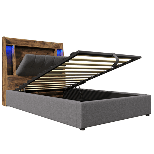Cama estofada 90x200 cm - Carregamento USB Tipo C, Armazenamento multifuncional, Iluminação LED, Cinza