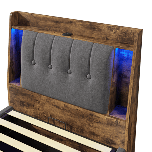 Cama estofada 90x200 cm - Carregamento USB Tipo C, Armazenamento multifuncional, Iluminação LED, Cinza