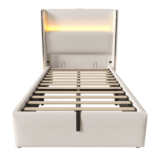 Cama hidráulica 90x200 cm - Com iluminação LED, armazenamento e portas USBType-C - Bege