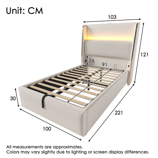 Cama hidráulica 90x200 cm - Com iluminação LED, armazenamento e portas USBType-C - Bege