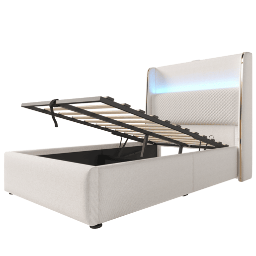 Cama hidráulica 90x200 cm - Com iluminação LED, armazenamento e portas USBType-C - Bege