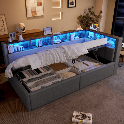 Cama de dia 90x200 cm - Com portas USB e Tipo-C, armazenamento hidráulico, iluminação LED, cinza