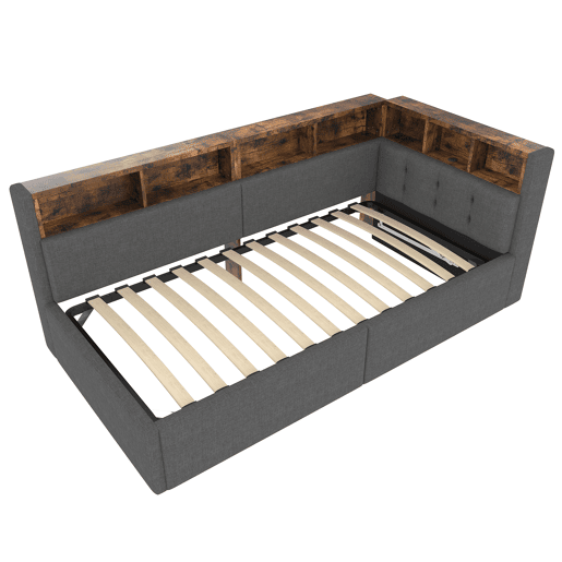 Cama de dia 90x200 cm - Com portas USB e Tipo-C, armazenamento hidráulico, iluminação LED, cinza