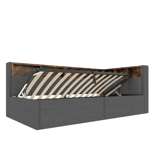 Cama de dia 90x200 cm - Com portas USB e Tipo-C, armazenamento hidráulico, iluminação LED, cinza