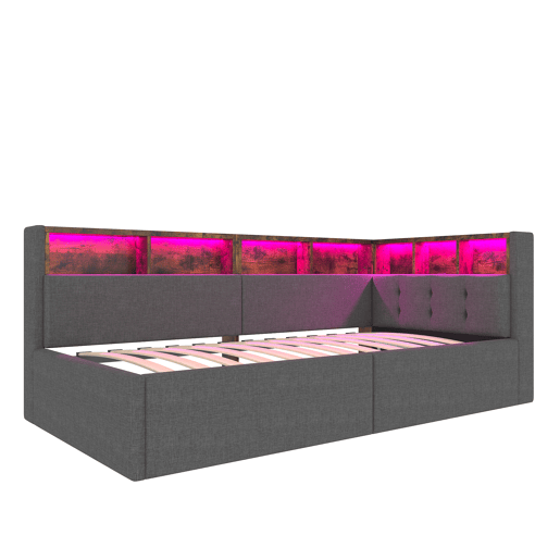 Cama de dia 90x200 cm - Com portas USB e Tipo-C, armazenamento hidráulico, iluminação LED, cinza
