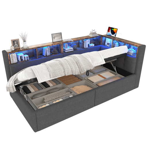 Cama de dia 90x200 cm - Com portas USB e Tipo-C, armazenamento hidráulico, iluminação LED, cinza