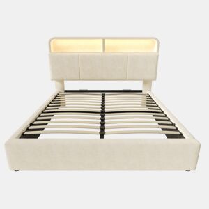 Cama estofada 180x200 cm - Cabeceira ajustável com espaço de armazenamento, LED, USBType-C, bege