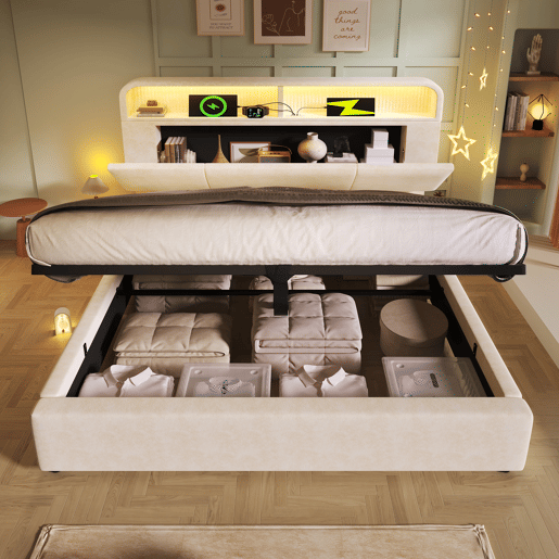 Cama estofada 180x200 cm - Cabeceira ajustável com espaço de armazenamento, LED, USBType-C, bege