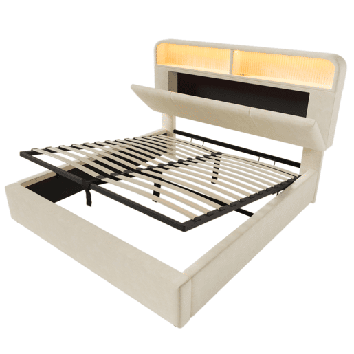 Cama estofada 180x200 cm - Cabeceira ajustável com espaço de armazenamento, LED, USBType-C, bege