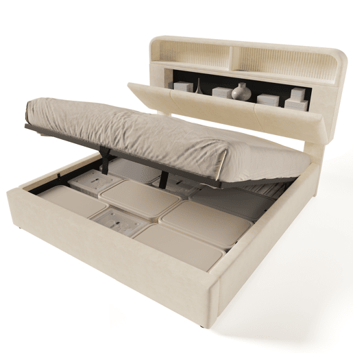 Cama estofada 180x200 cm - Cabeceira ajustável com espaço de armazenamento, LED, USBType-C, bege