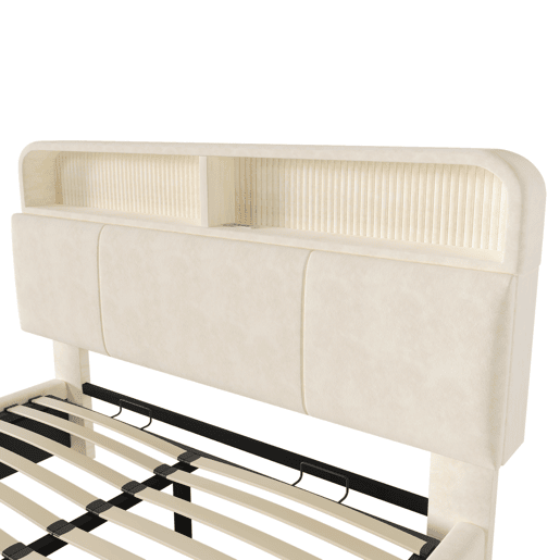 Cama estofada 180x200 cm - Cabeceira ajustável com espaço de armazenamento, LED, USBType-C, bege