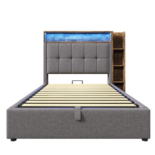 Cama estofada 90x200 cm - Com função de carregamento USB tipo C, armazenamento multifuncional, iluminação LED, botão de pressãoapp, linho, cinza