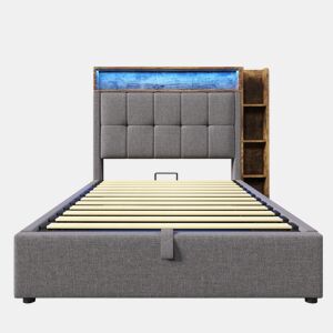 Cama estofada 90x200 cm - Com função de carregamento USB tipo C, armazenamento multifuncional, iluminação LED, botão de pressãoapp, linho, cinza