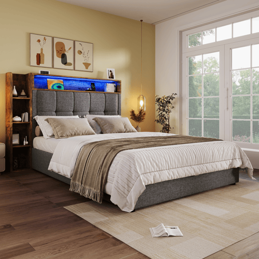 Cama estofada 90x200 cm - Com função de carregamento USB tipo C, armazenamento multifuncional, iluminação LED, botão de pressãoapp, linho, cinza