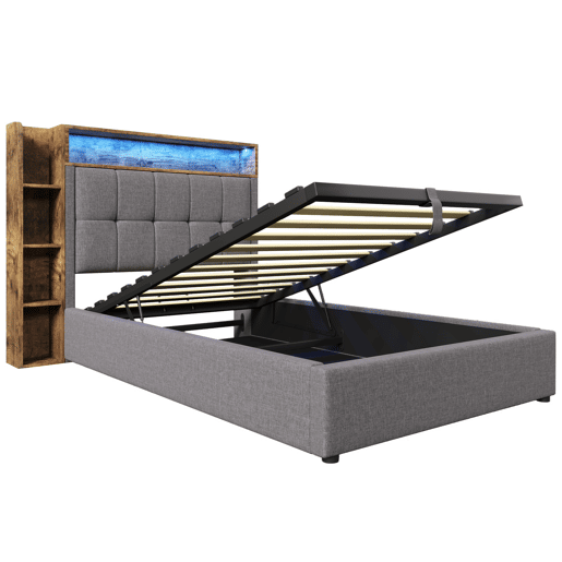 Cama estofada 90x200 cm - Com função de carregamento USB tipo C, armazenamento multifuncional, iluminação LED, botão de pressãoapp, linho, cinza