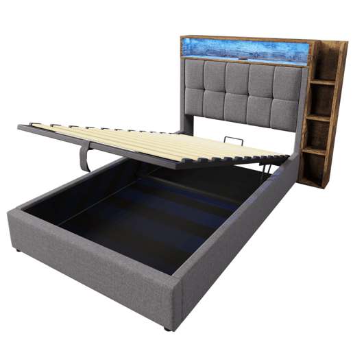 Cama estofada 90x200 cm - Com função de carregamento USB tipo C, armazenamento multifuncional, iluminação LED, botão de pressãoapp, linho, cinza