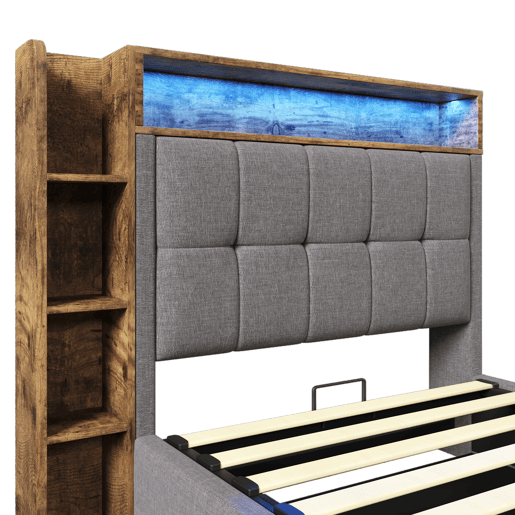 Cama estofada 90x200 cm - Com função de carregamento USB tipo C, armazenamento multifuncional, iluminação LED, botão de pressãoapp, linho, cinza