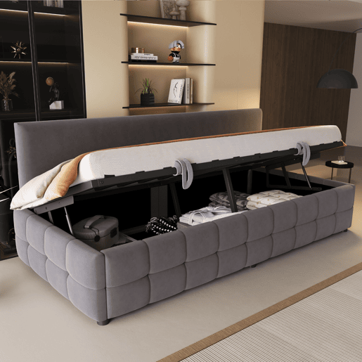 Cama multifuncional 90x200 cm - Com arrumação hidráulica, encosto sem braços, padrão xadrez - Cinza escuro