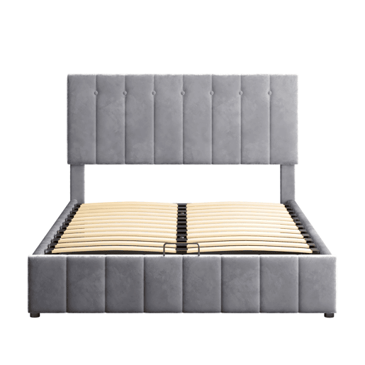Cama estofada 140x200 - Cama de casal com arrumação hidráulica, cabeceira ajustável, estrado metálico, veludo cinzento