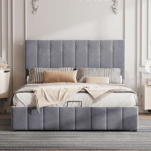 Cama estofada 140x200 - Cama de casal com arrumação hidráulica, cabeceira ajustável, estrado metálico, veludo cinzento