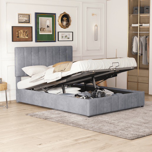Cama estofada 140x200 - Cama de casal com arrumação hidráulica, cabeceira ajustável, estrado metálico, veludo cinzento