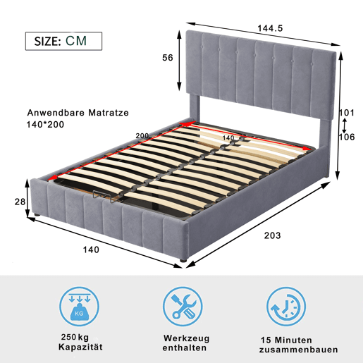 Cama estofada 140x200 - Cama de casal com arrumação hidráulica, cabeceira ajustável, estrado metálico, veludo cinzento