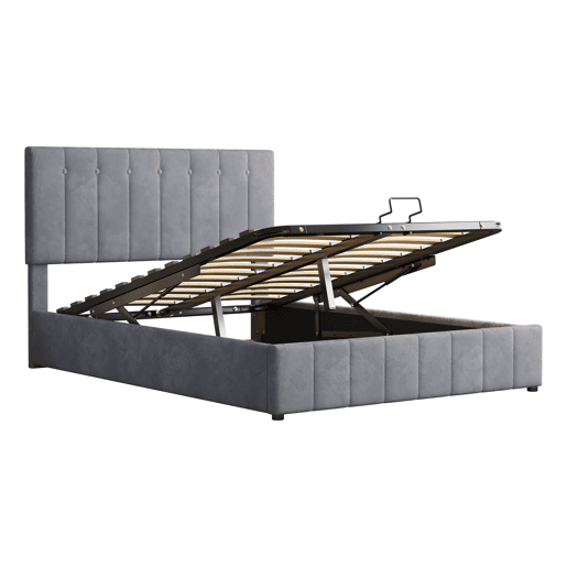Cama estofada 140x200 - Cama de casal com arrumação hidráulica, cabeceira ajustável, estrado metálico, veludo cinzento