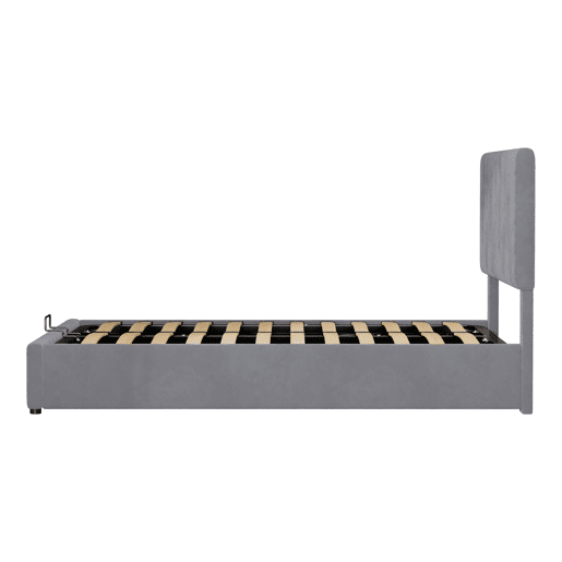 Cama estofada 140x200 - Cama de casal com arrumação hidráulica, cabeceira ajustável, estrado metálico, veludo cinzento