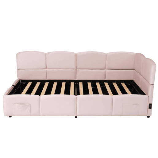 Cama estofada 90x200 cm - com estrado de ripas, USB, arrumação, rosa