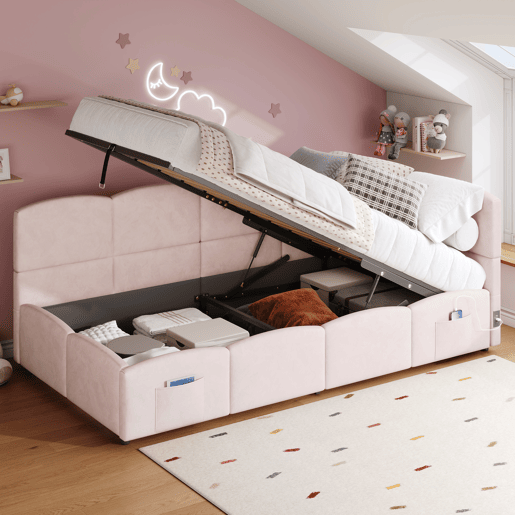 Cama estofada 90x200 cm - com estrado de ripas, USB, arrumação, rosa